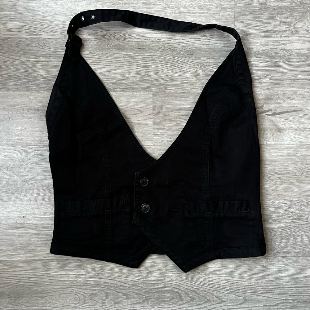 Double Breasted Black Denim Halter Neck Cotton Vest